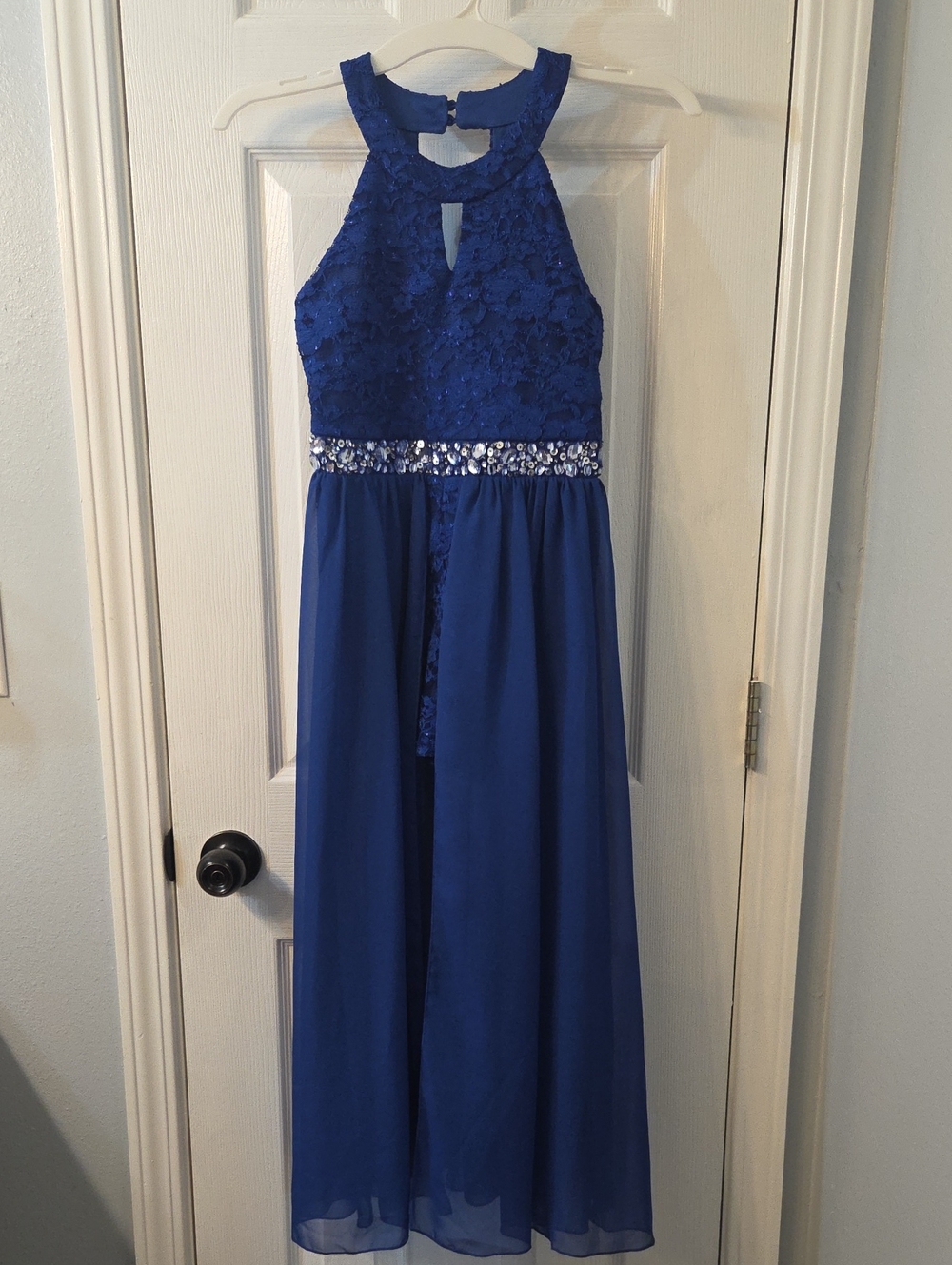 Rare Editions Royal Blue Halter Lace & Sequin Waist Gown